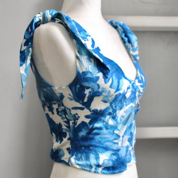 Zara Blue White Floral Linen Blend Cropped Shoulder Ties Tank Top Size Small - Picture 2 of 6